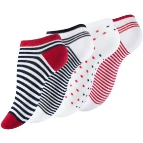 4-pak footies til damer, "dot stripe" rød, hvid, navy - Footies