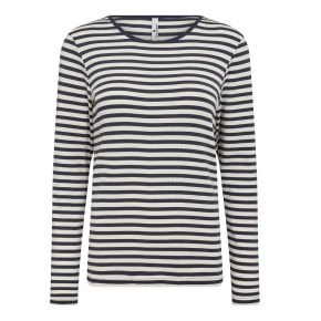 Langærmet bambus t-shirt med navy striber, (dame) str. XL - Str. XL